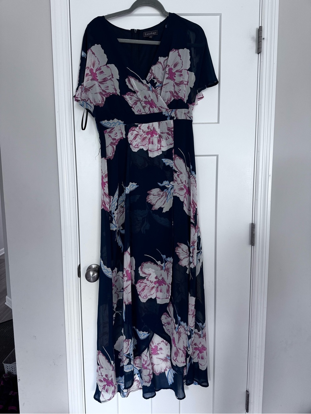 Luxology Navy Maxi Dress with Pink Floral Print